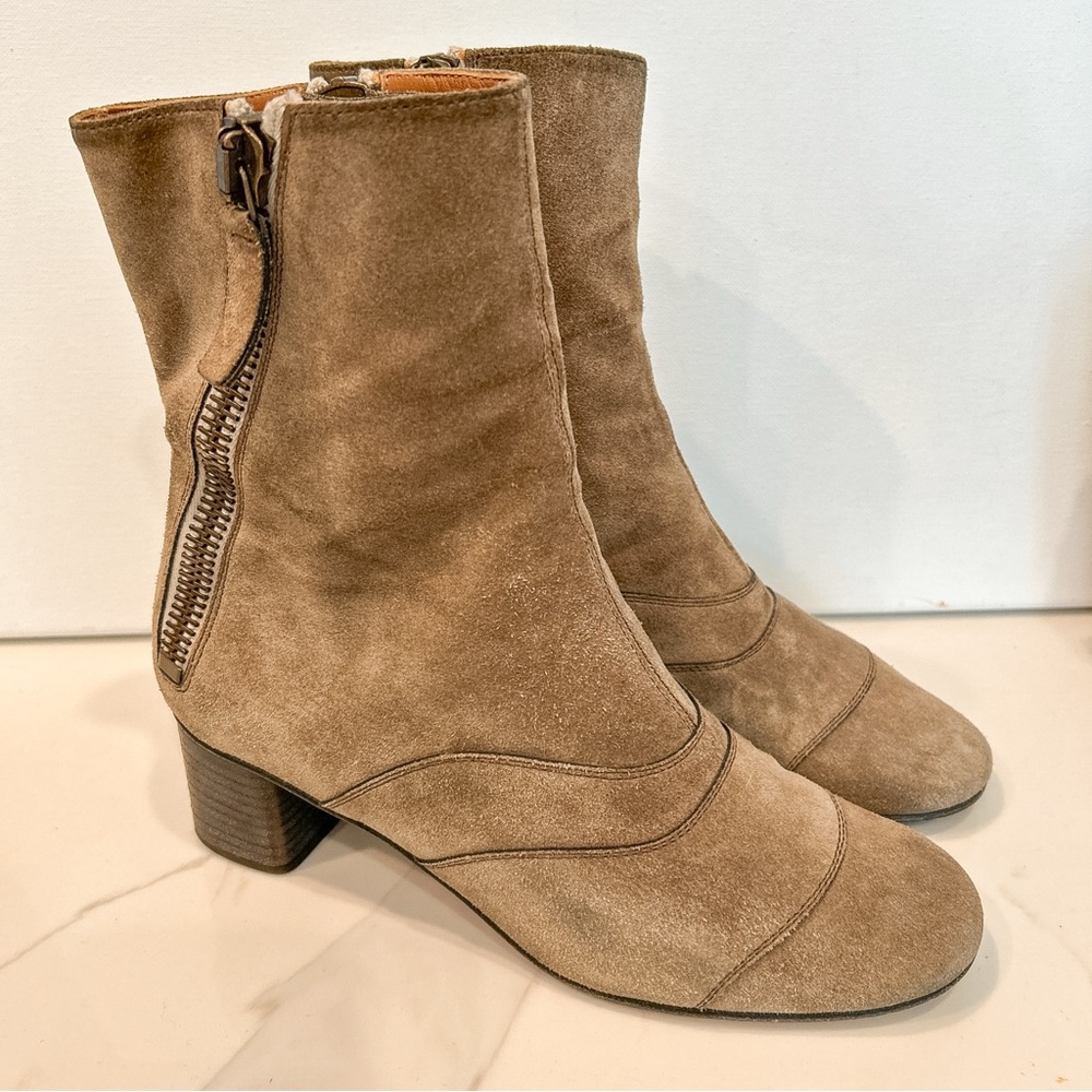 Chloe Suede Lexie Mid Ankle Boots Grey Taupe Leather Block Heel US7 EU37.5